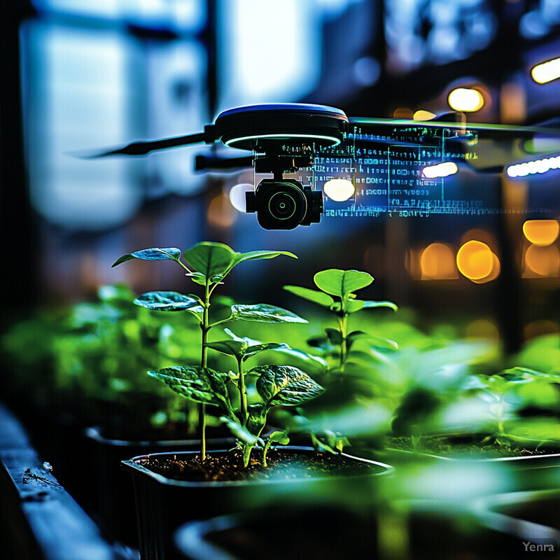 A drone is flying over potted plants in an indoor setting.