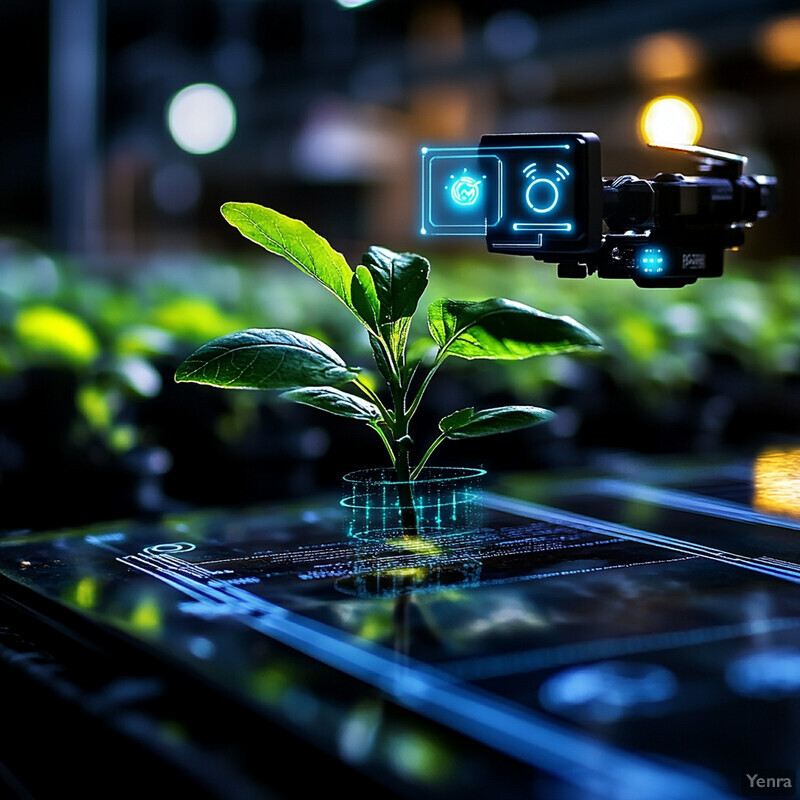 A futuristic scene where technology is being used to study or manipulate plants.