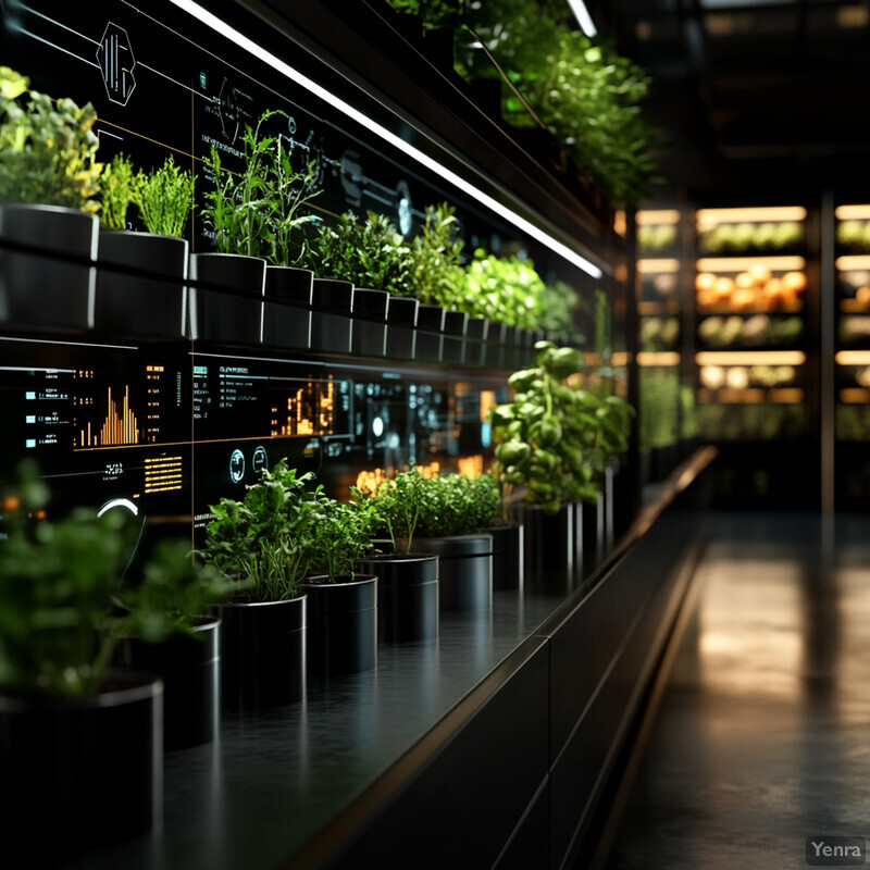 A futuristic agricultural setting with LED lights and plants in black pots.