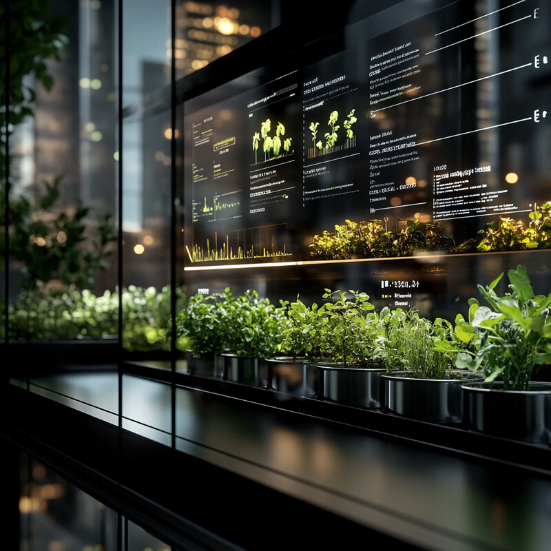 A large screen displaying charts and graphs related to plant growth is shown in an indoor setting with several potted plants.