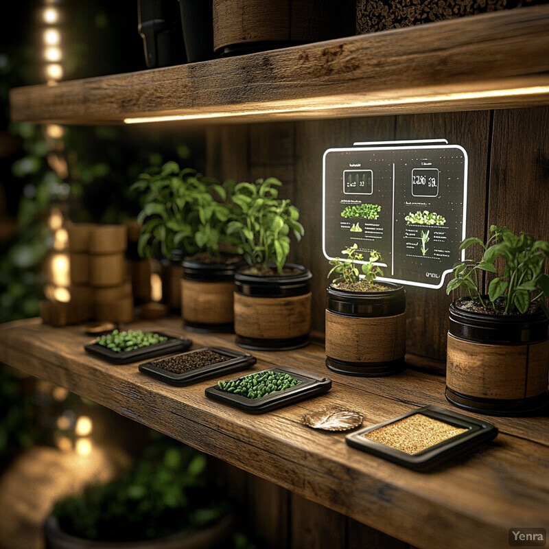 A wooden shelf with potted plants and seed packets, possibly for gardening supplies or home decor.