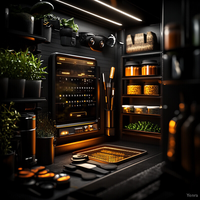 A dark room with a high-tech atmosphere, featuring various objects and plants.