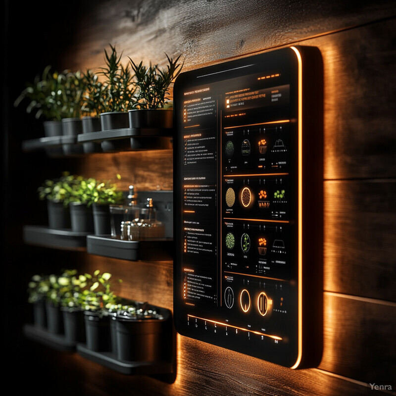 A wall-mounted display with a black screen and orange lights, featuring icons and text, is set against a backdrop of small potted plants on shelves and a wooden panel.