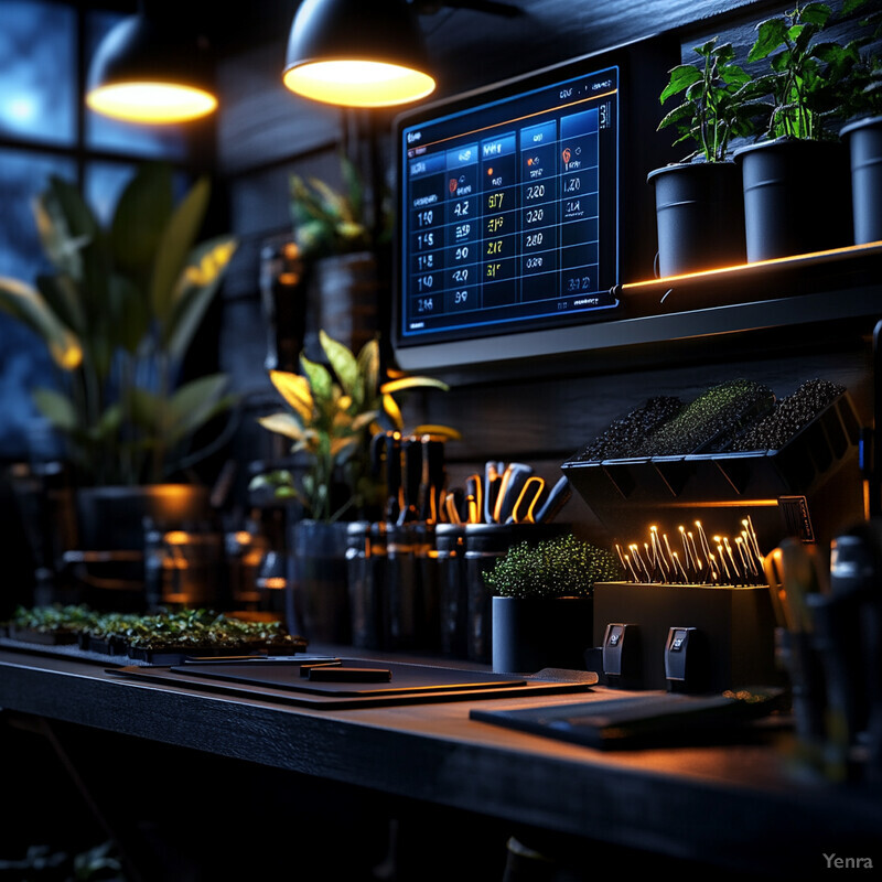 A dimly lit room with a computer monitor and potted plants.