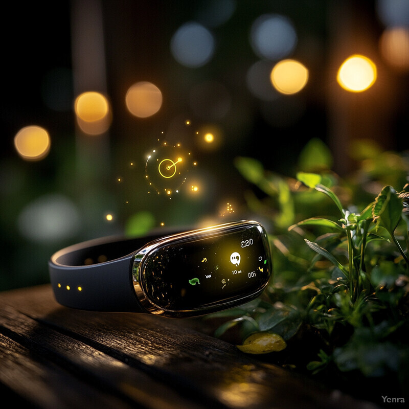 A smartwatch is placed on a wooden surface surrounded by greenery, with yellow lights in the background.