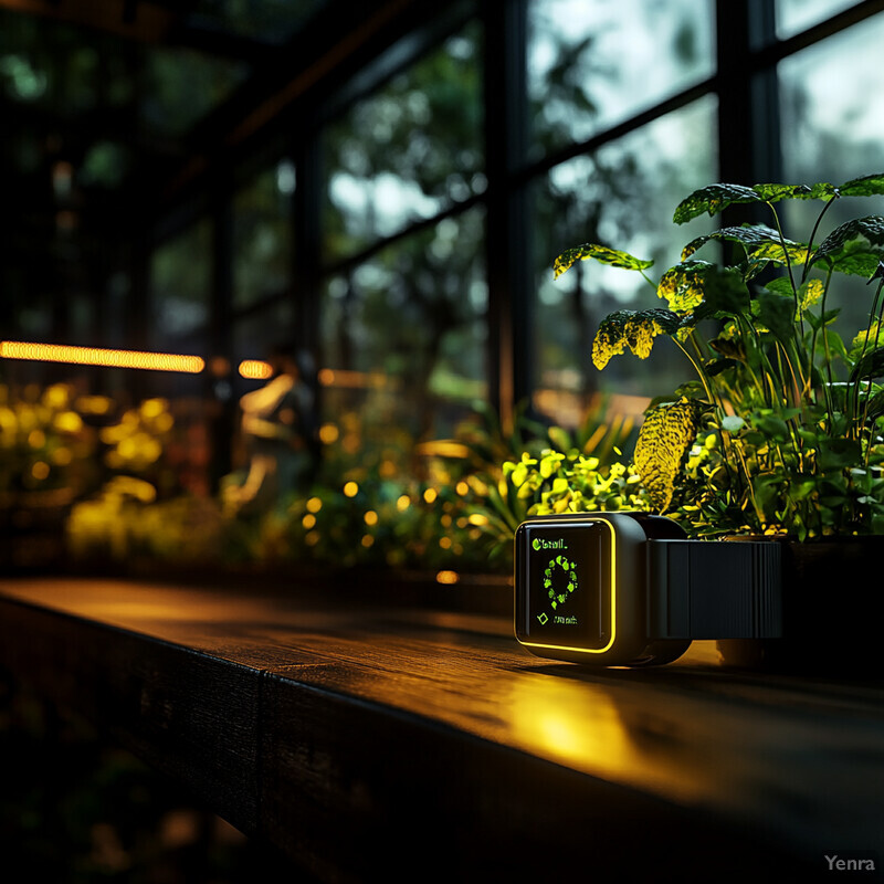 A smart plant monitor on a wooden table in front of a window, displaying data about two circular graphs.