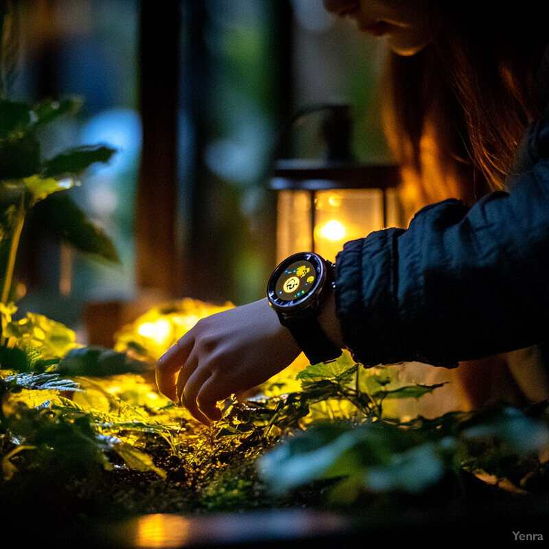 A woman examines the ground through a window at night.