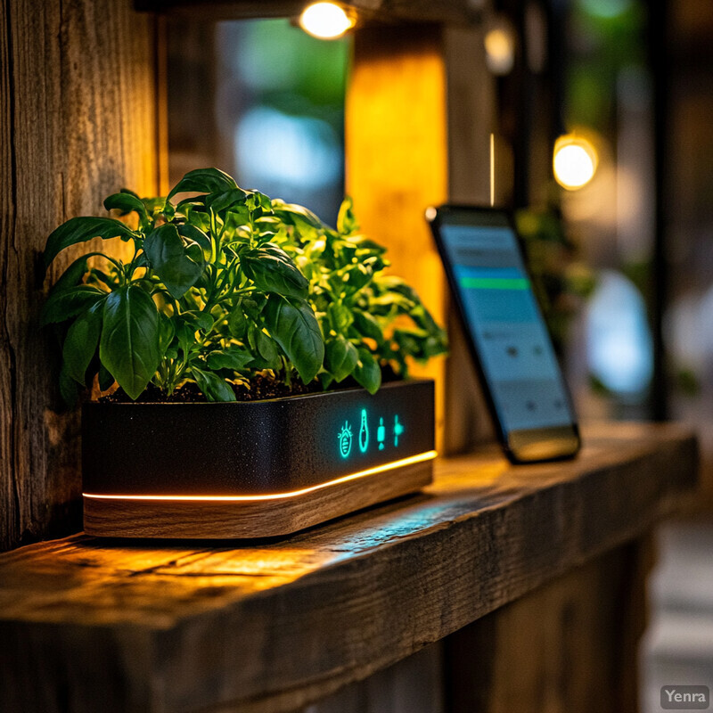 A wooden shelf with a potted basil plant and two cell phones on it.