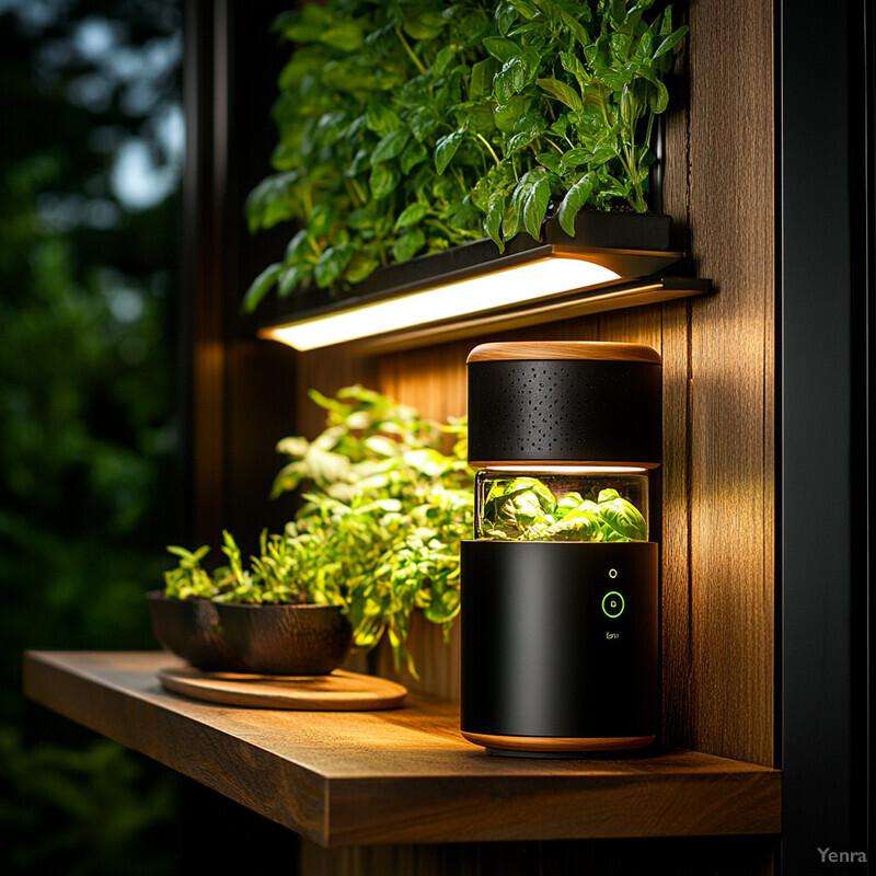 An indoor shelf with plants and a device in front of them.