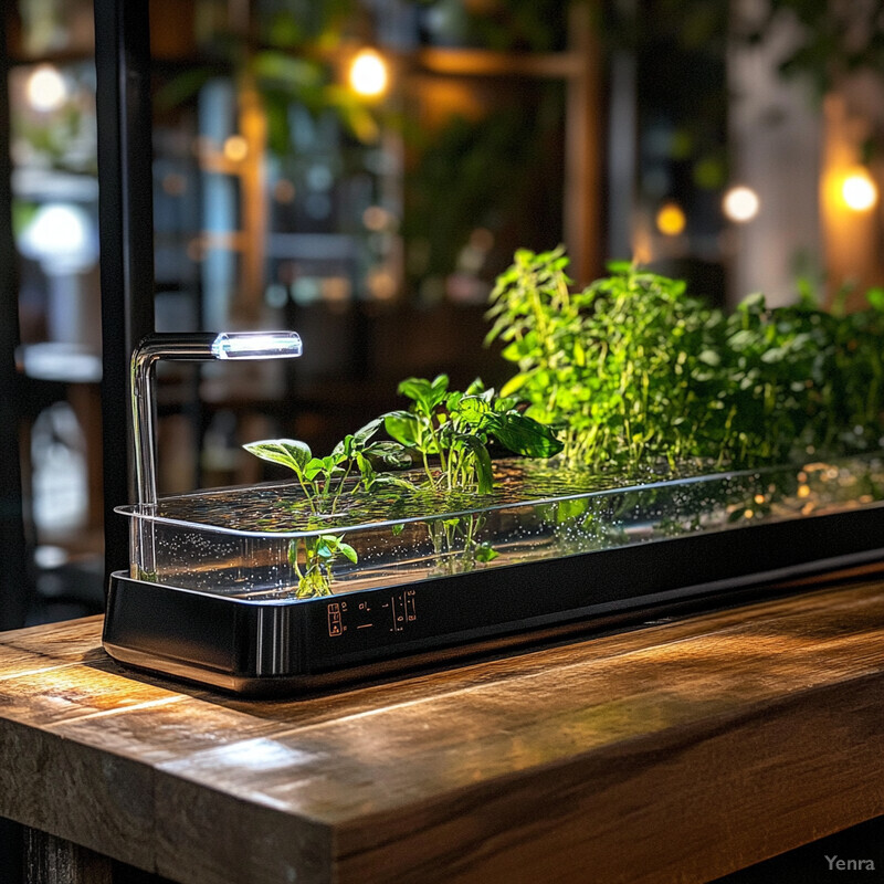 A hydroponic system with several small plants and a light source, placed on a wooden table or desk in an indoor setting.