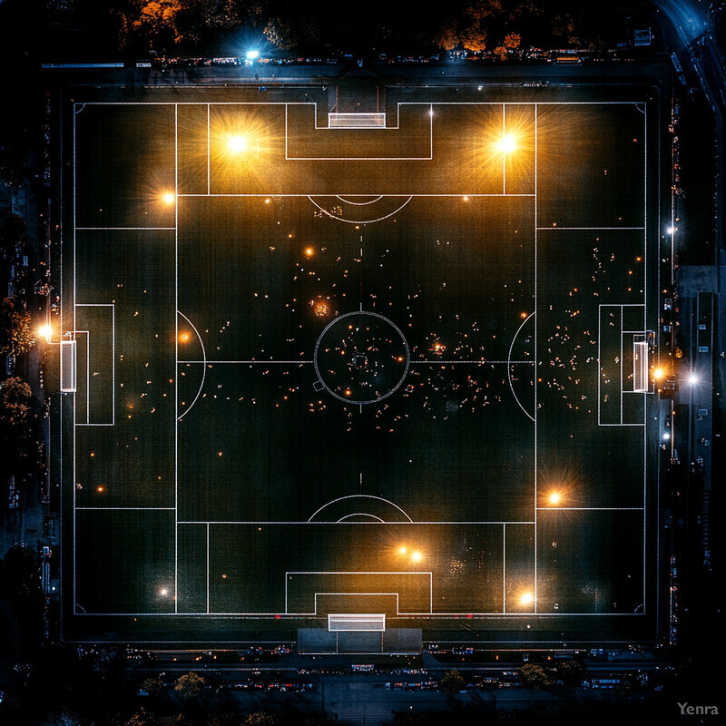 Aerial view of a soccer field at night with numerous yellow lights.