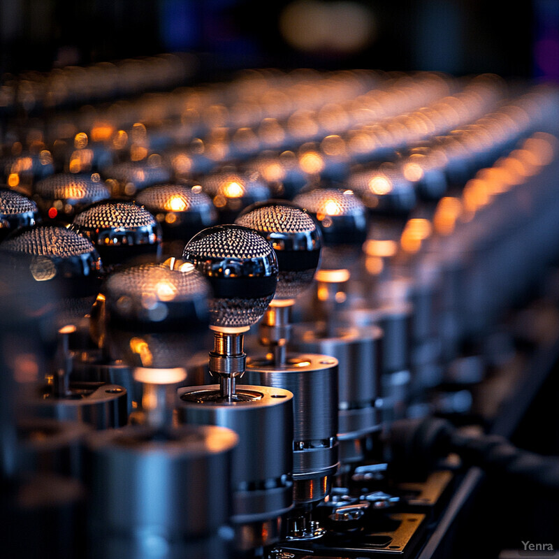 An array of identical knobs on a soundboard or control panel.