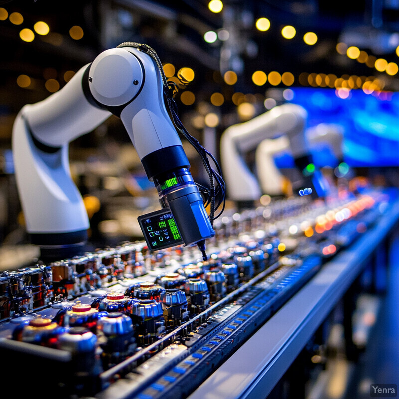 Robotic arms on a conveyor belt handling electronic components.