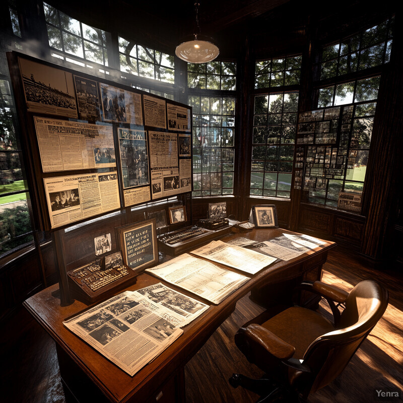 An old-fashioned office with dark wood furniture and a large window.