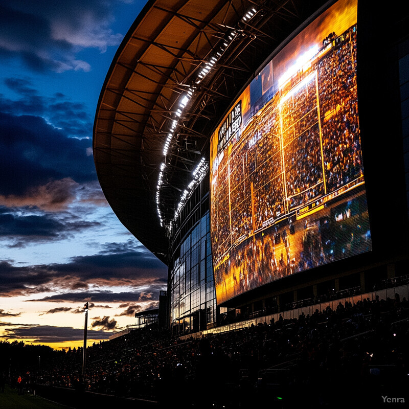 An outdoor stadium setting at sunset or sunrise with a large screen displaying a sports event.