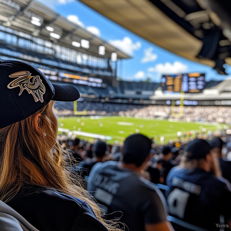 A woman wearing a baseball cap with a logo is standing in front of a football field.