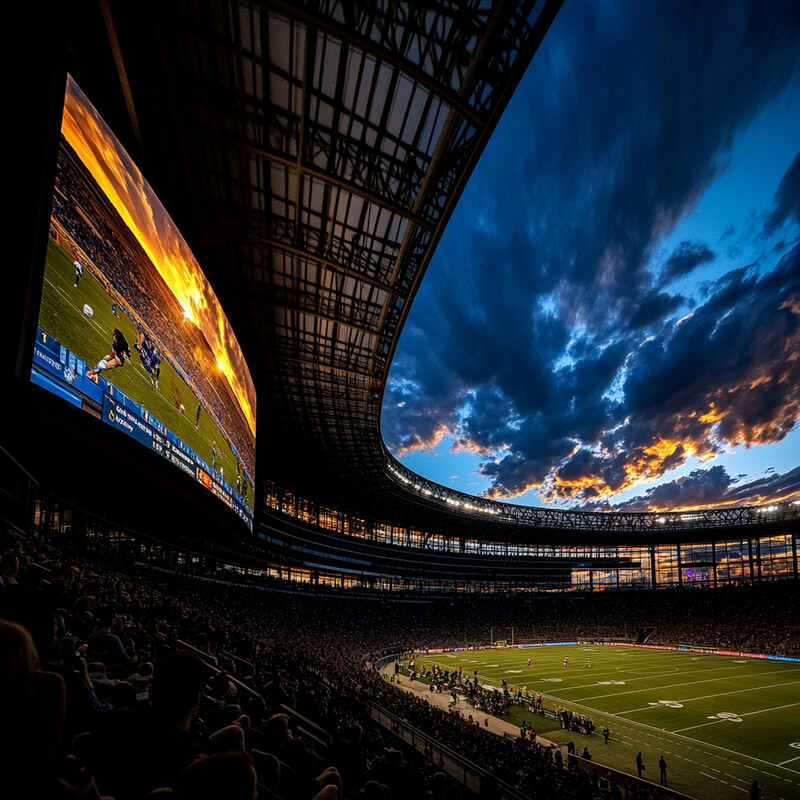 A football stadium with a large screen and illuminated field is shown at sunset.