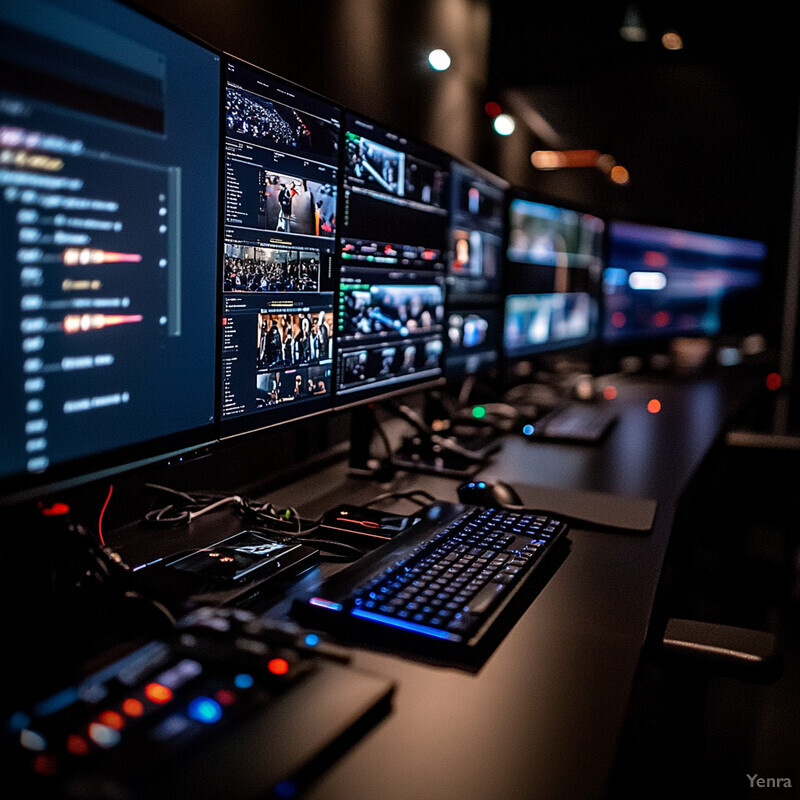 A room filled with computer monitors and a keyboard, likely in a control or monitoring center.