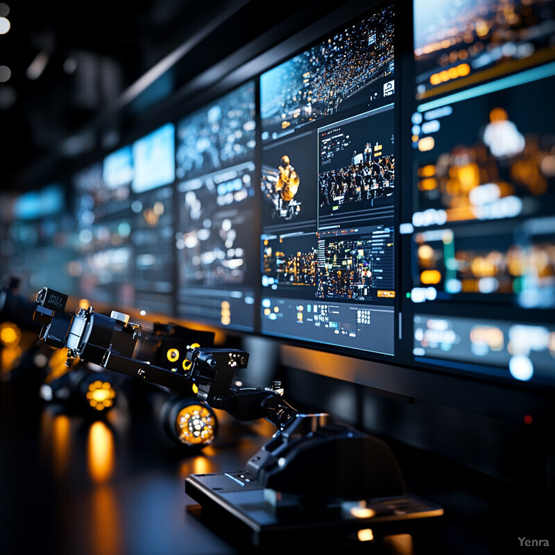 Multiple computer monitors displaying various images and videos in a dark control room.