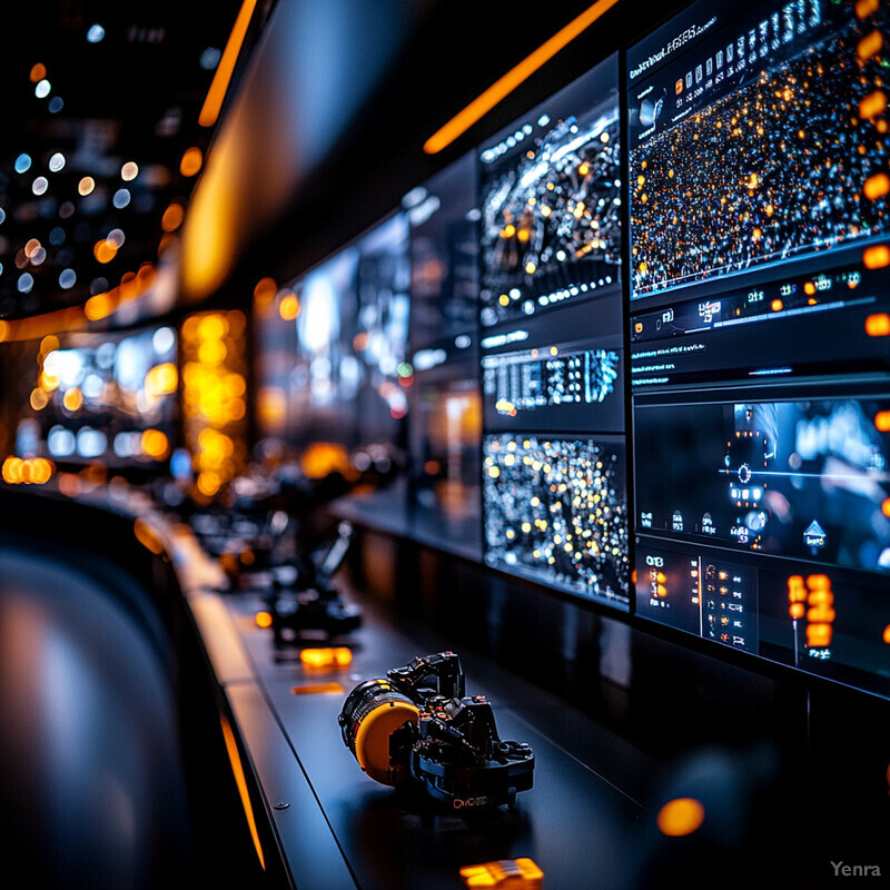 A dimly lit room filled with screens displaying data and a camera on the table.