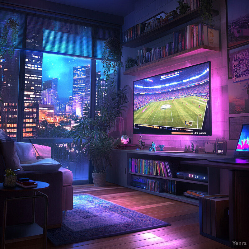 A cozy living room with a large window offering a cityscape view at night.