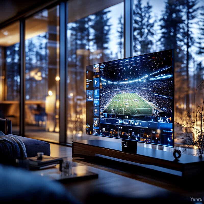 A living room with a large television displaying a sports game.