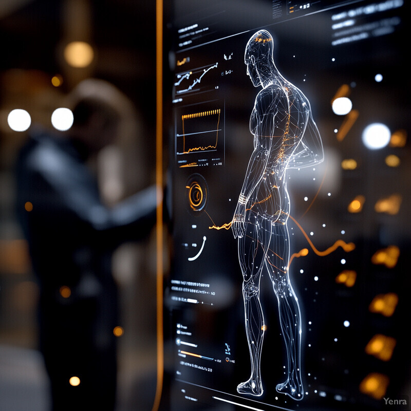 A futuristic interface displays data related to injury and performance predictions for an athlete, featuring a transparent human body illustration with scattered lines and dots.