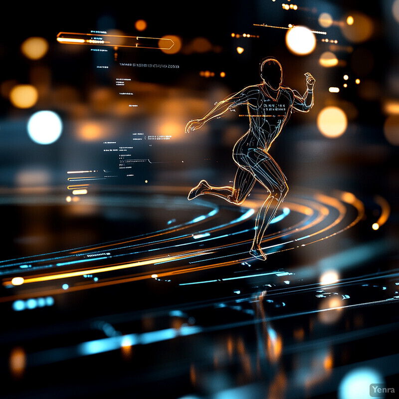 A person is shown running in the center of a futuristic scene surrounded by data and information displayed on their body.