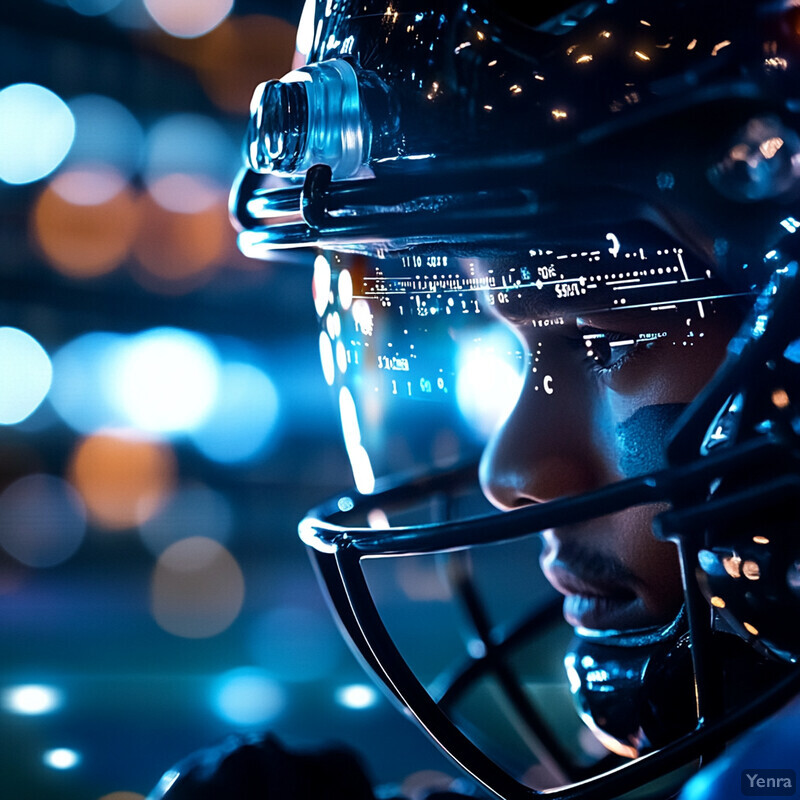 A person wearing a helmet with a visor displaying data points in an indoor setting.