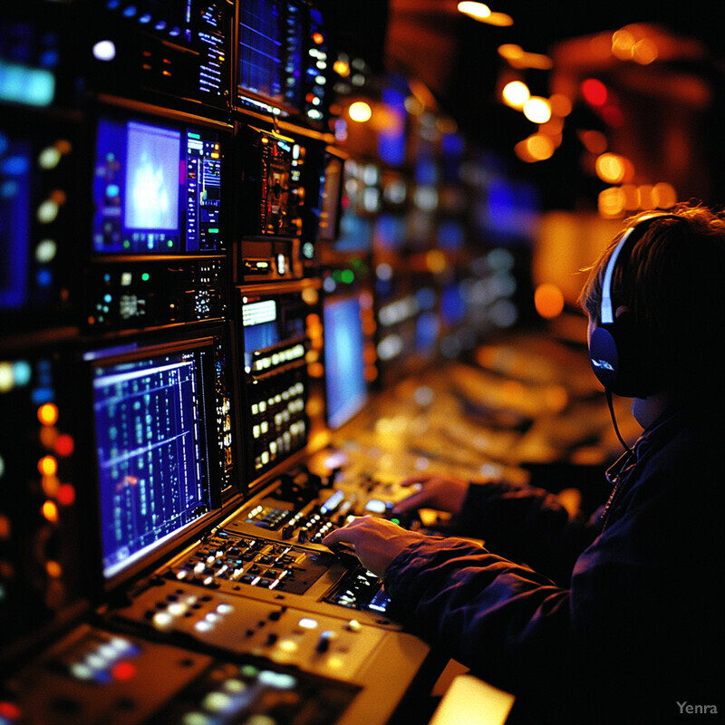 A person works in a dimly lit control room with multiple screens and control panels.