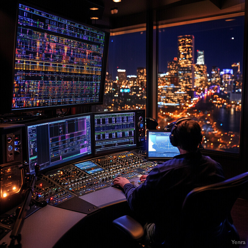 A person sitting in front of multiple computer monitors and keyboards, wearing a headset, in a dimly lit room.