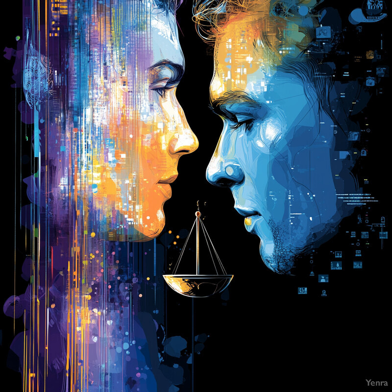 A stylized illustration of two faces facing each other in a futuristic context.