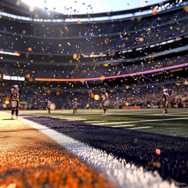 An American football stadium during a game or celebration, with confetti falling from the sky.