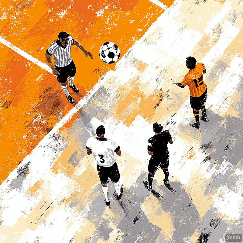 Four soccer players in action on an indoor court.