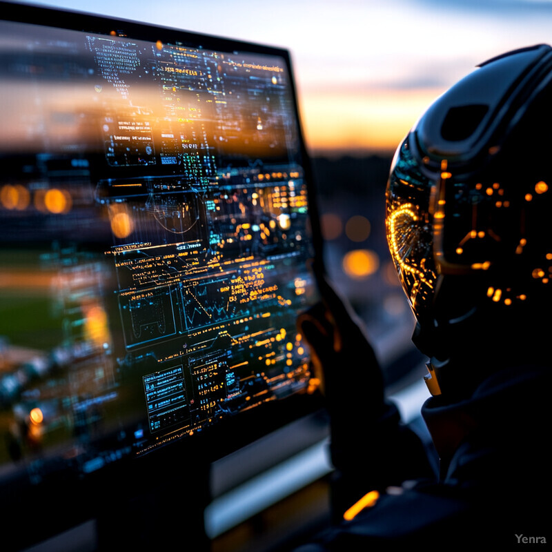 A person wearing a helmet gazes at a large screen displaying various data feeds in a high-tech setting.