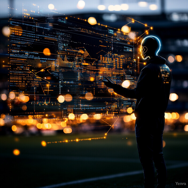 A person stands in front of a large screen displaying a cityscape at night.