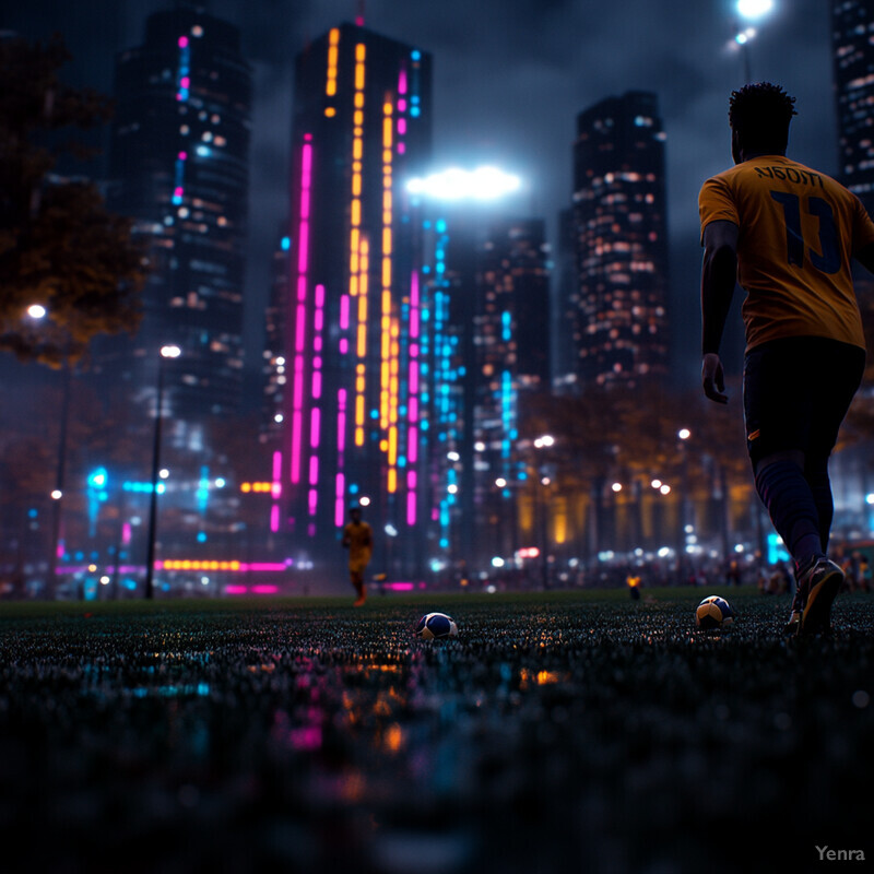 Two individuals practice soccer in a park at night, surrounded by illuminated skyscrapers and streetlights.