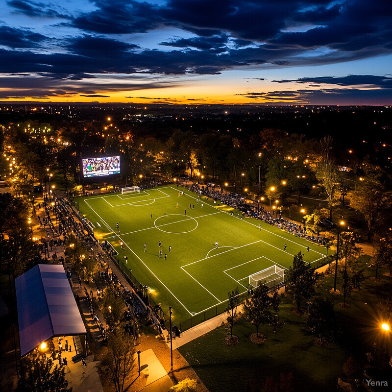 A soccer field at dusk, surrounded by trees and illuminated by floodlights.