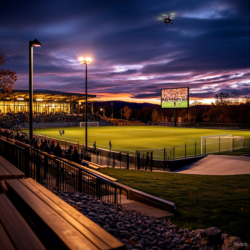 An outdoor soccer stadium at dusk, with a lush green field and a large screen displaying a soccer game.