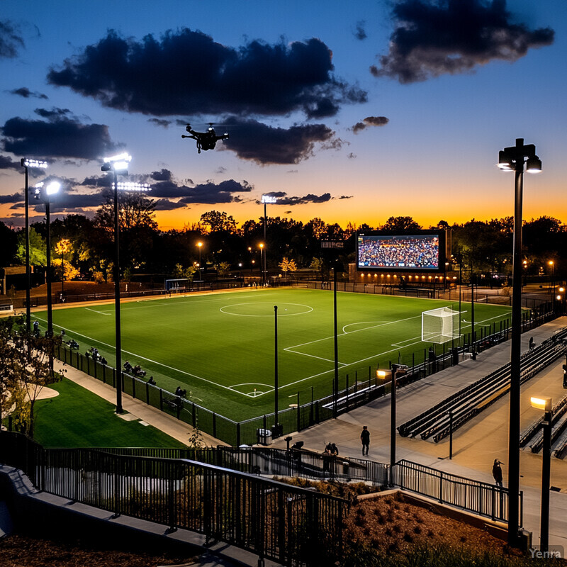 An outdoor stadium with a large grass field and surrounding bleachers, trees in the background.