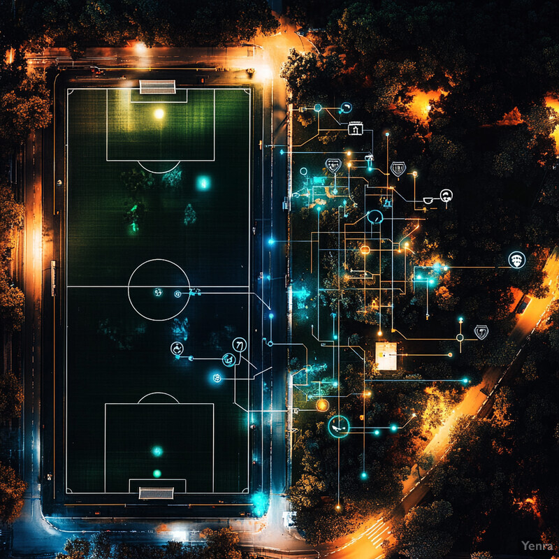 An aerial view of a soccer field at night, with various objects and markings visible on the field.