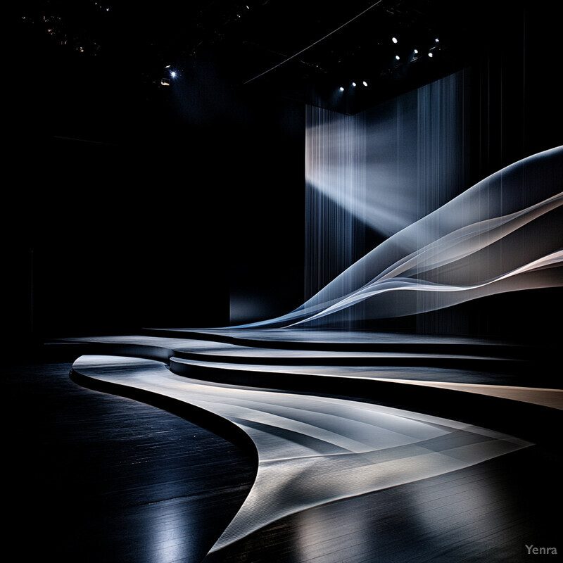 A modern stage with a wavy design and dynamic lighting system.