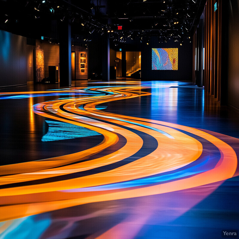 An empty conference room with a large screen displaying abstract shapes in orange, blue, and yellow.