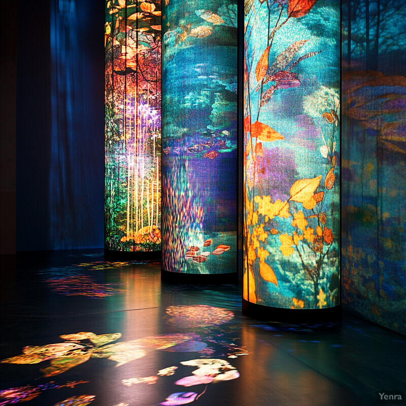 An immersive art installation featuring cylindrical pillars with digital displays in a gallery or museum setting.