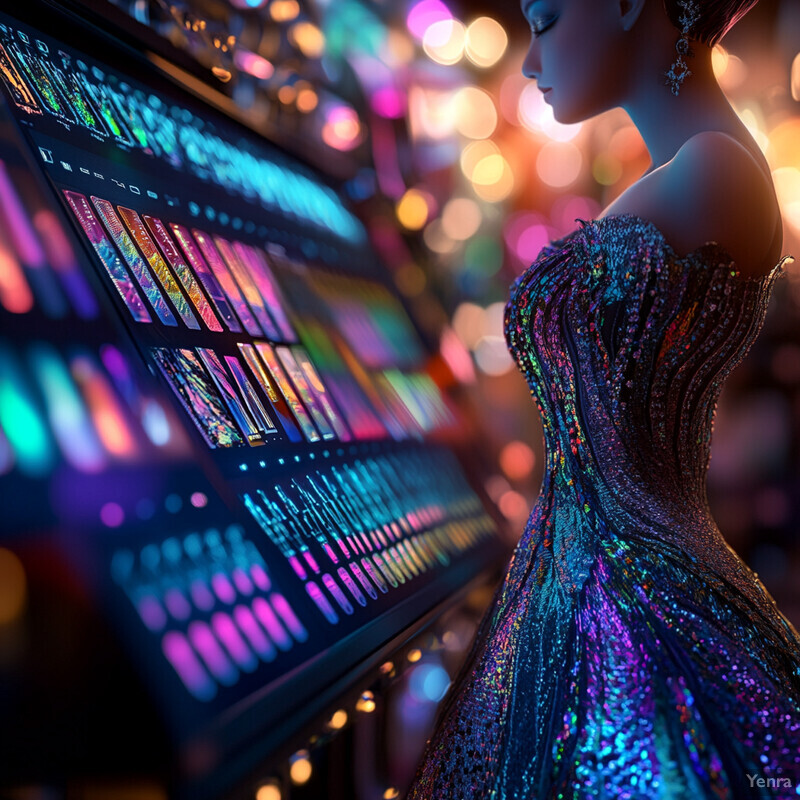 A woman in a purple dress stands in front of a control panel, surrounded by bright colors and neon lights, creating an energetic and creative atmosphere.