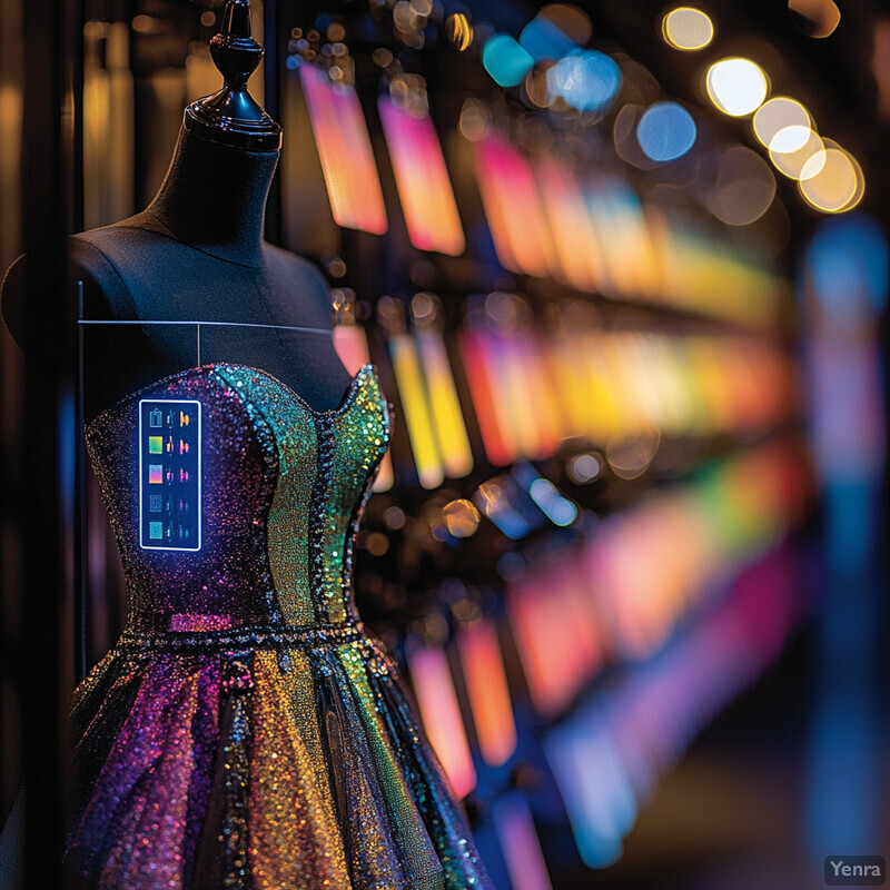 A mannequin is dressed in a glittery dress with a sweetheart neckline and full skirt, on display in a store window.