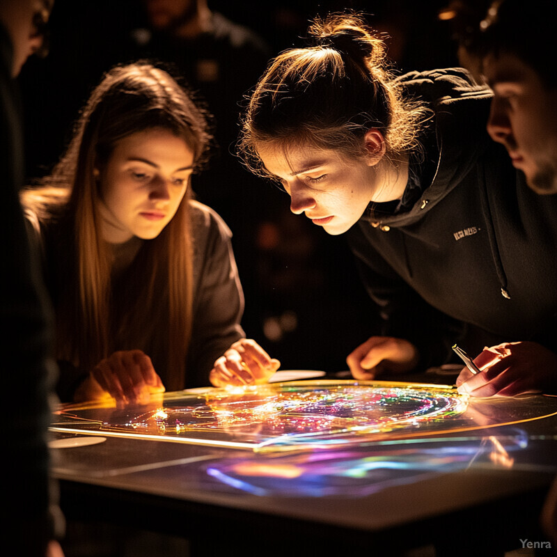 Four individuals are gathered around an interactive table in a professional setting.