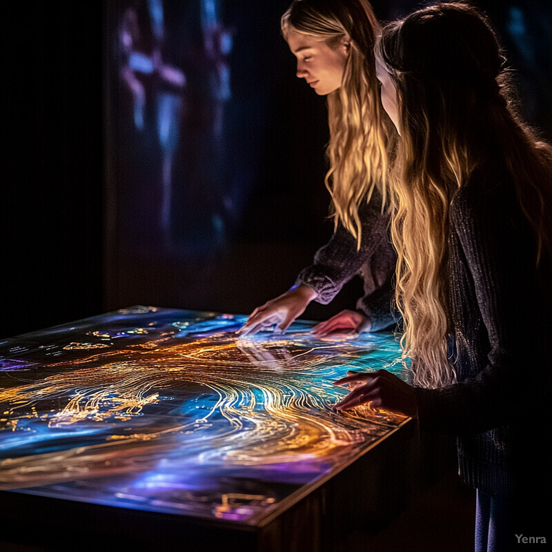 Two women interact with a large, interactive display featuring an abstract design.