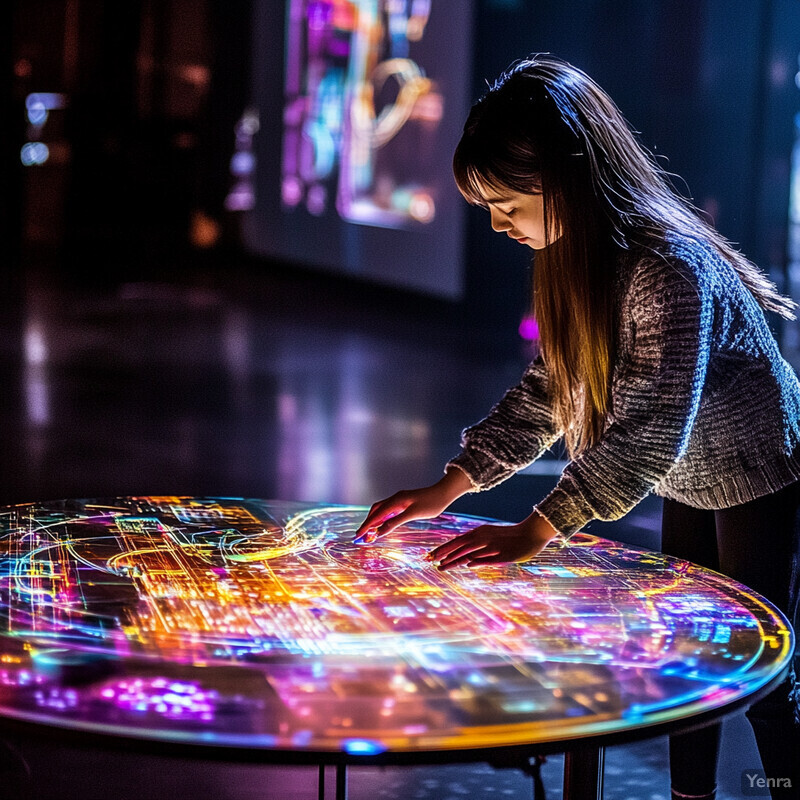 A young girl interacts with an oval-shaped table featuring a vibrant, multicolored design.