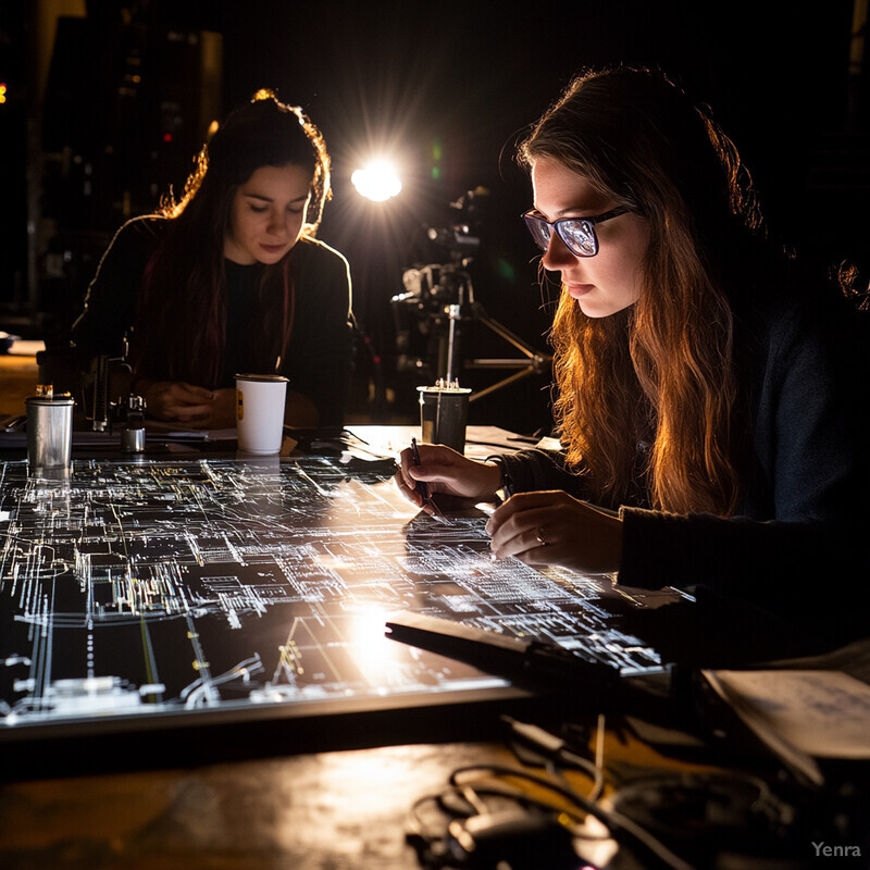 Two women work together on a large table in a dimly lit room, surrounded by design tools and illuminated surfaces.